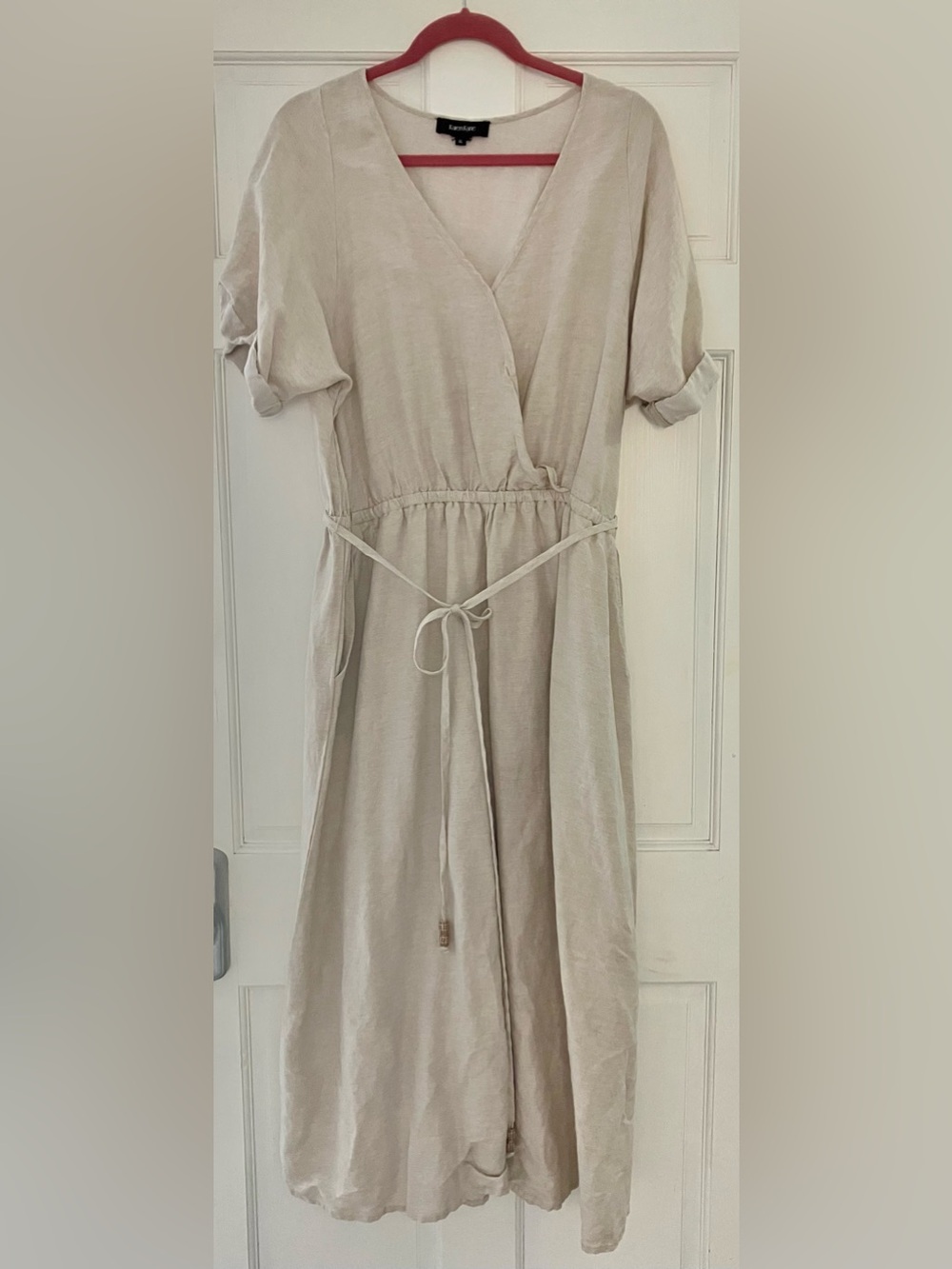 Karen Kane Light Beige Wrap Midi Dress with Waist Tie